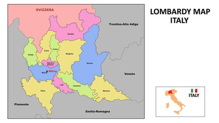 Lombardy Map. State and district map of Lombardy. Political map of Lombardy with neighboring countries and borders.