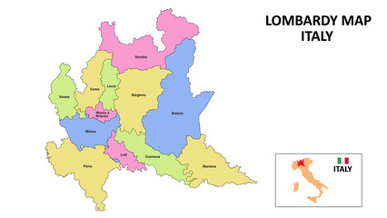 Lombardy Map. District map of Lombardy in District map of Lombardy in color with capital. - obrazy, fototapety, plakaty