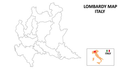 Lombardy Map. State and district map of Lombardy. Political map of Lombardy with outline and black and white design.