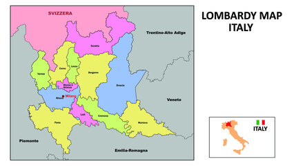 Lombardy Map. State and district map of Lombardy. Political map of Lombardy with neighboring countries and borders. - obrazy, fototapety, plakaty