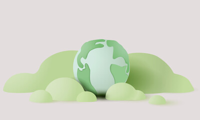 Happy earth day concept.Earth and Clouds with paper texture on pastel color background.Minimal scene for mockup design. 3D rendering illustration. - obrazy, fototapety, plakaty