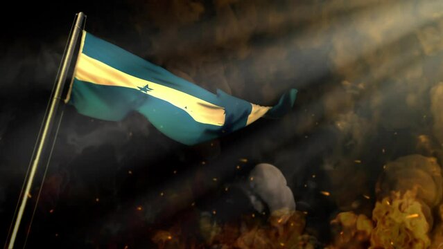 waving Honduras flag on smoke and fire with sun beams - disaster concept