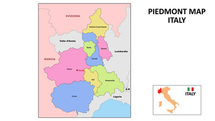 Piedmont Map. State and district map of Piedmont in Italy. Political map of Piedmont with neighboring countries and borders.