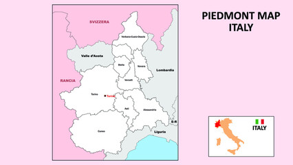 Piedmont Map. Political map of Piedmont with boundaries in white color.