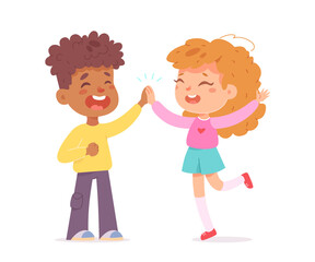 Cute boy and girl giving high five to each other with slap, happy children meeting
