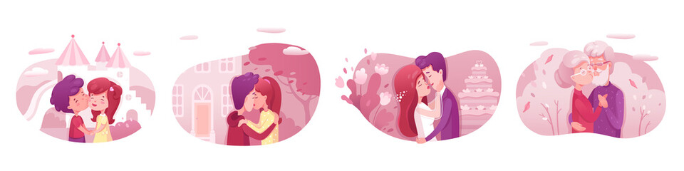 Couples in love kissing vector illustrations set. Senior wife and husband, teenagers on romantic date. Boyfriend and girlfriend celebrating anniversary