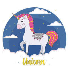Vector illustration of a cute unicorn, unicorn standing on a cloud, cartoon unicorn character vector