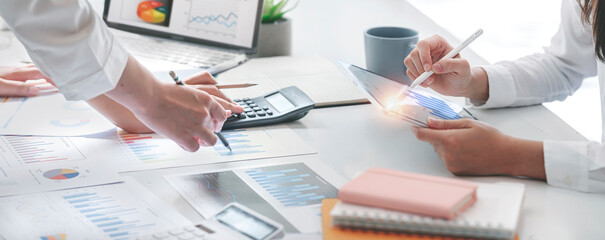 Executive business team brainstorming on meeting and planning investment project working on digital...