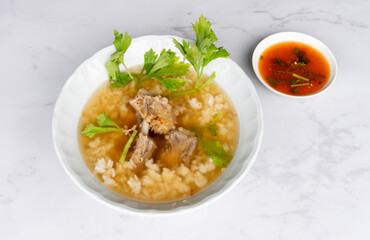 Thai Style Boiled Rice Soups wtih Fresh Seafood and Pork