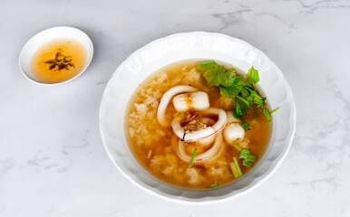 Thai Style Boiled Rice Soups wtih Fresh Seafood and Pork