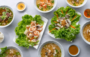 Thai Style Boiled Rice Soups wtih Fresh Seafood and Pork