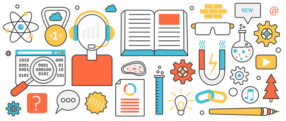 Science and education, business technology to explore new creative solutions. Abstract digital data research, future vision and career support in infographic concept banner, thin line art design