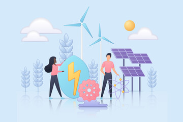 Green energy, renewable power sources with windmills, solar panels. Tiny people save ecology of Earth, users of sustainable technology clean environment flat vector illustration. Electricity concept