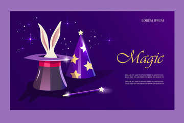 Wizard's hat with a hare and a magic wand. Horizontal isolated template for landing page, business card, flyer, banner, poster, invitation. Vector cartoon illustration. EPS 10 - 504589221