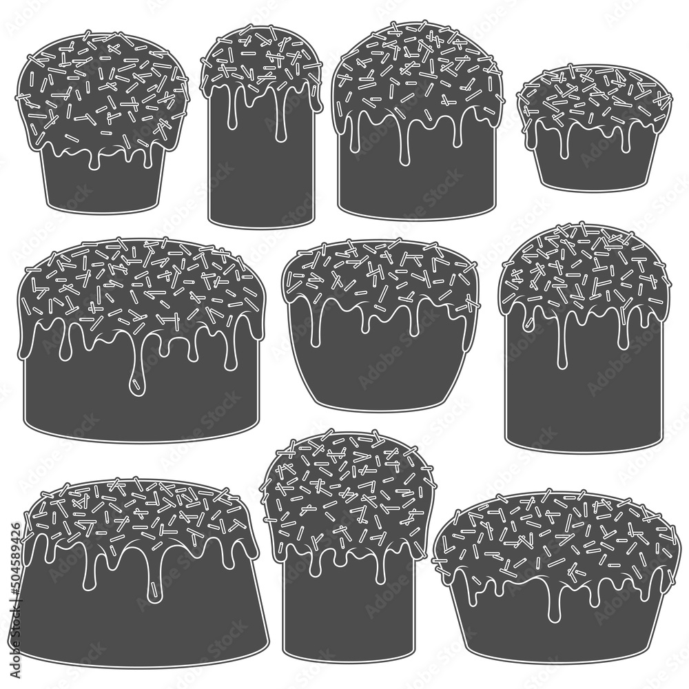 Aufkleber set of black and white illustrations with easter cakes. isolated vector objects on a white backgroun
