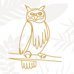 owl drawing by one continuous line, on abstract background, vector