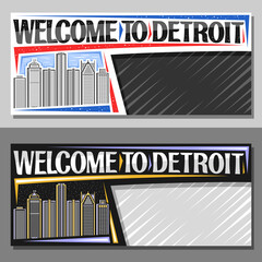 Vector layouts for Detroit with copy space, decorative voucher with illustration of american detroit city scape on day and dusk sky background, art design tourist coupon with words welcome to detroit