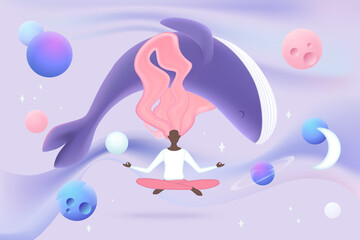 Keep calm and care spiritual health. Peaceful concentration and tranquil balance in zen lotus position of happy tiny woman training with whale flat vector illustration. Wellness, harmony concept