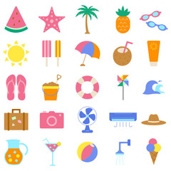 Set of 25 Summer and Vacation Icons Flat Illustration