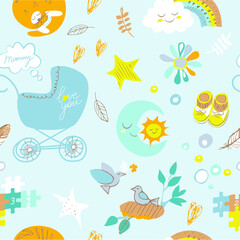 Seamles pattern of cute children's items. Cartoon doodle baby's clipart. Newborn, stroller, kitty, sun, moon, rainbow, stars, birds in nest, flowers. Vector illustration isolated on blue background.