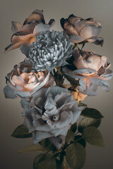 roses and chrysanthemums, bouquet on a gray background, orange and gray buds, studio shot.