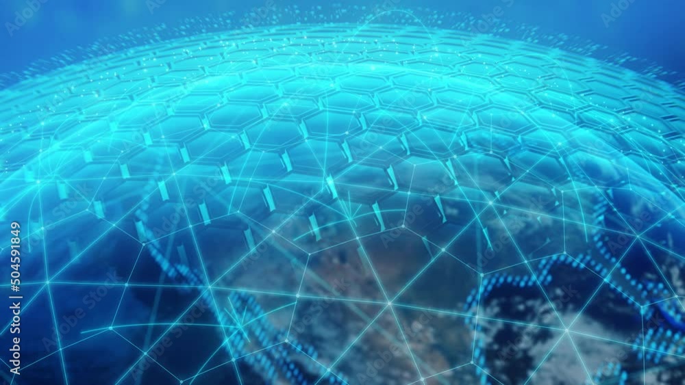 Poster 3d render global business dots on rotating planet. technology earth globalization in motion graphic.