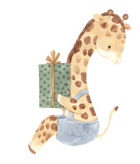 Watercolor giraffe with gift illustration for kids © Olga Listopad