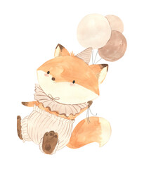 Watercolor fox on balloon. illustration for kids