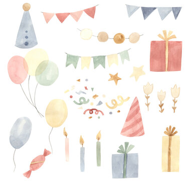 Watercolor happy birthday elements illustration for kids