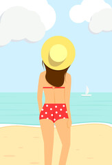 Fototapeta na wymiar Slender woman dressed in red bikini swimsuit and yellow hat is standing on the beach close the ocean. Back view. Flat vector illustration.