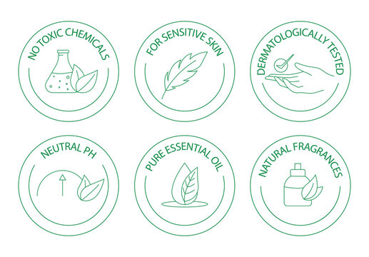 no toxic chemicals, for sensitive skin, dermatologically tested, neutral ph, pure essential oil, natural fragrances icon set vector illustration 