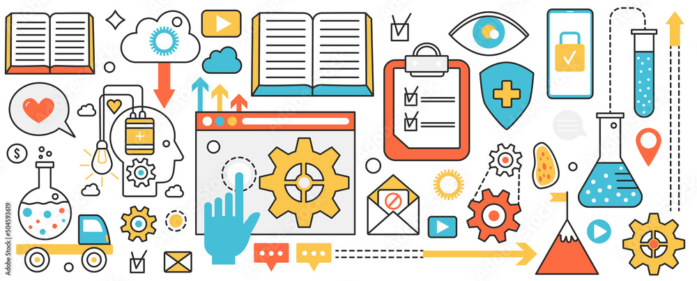 Aufkleber Modern scientific research methods. Abstract digital data analysis, model development and algorithm learning, laboratory equipment and tubes in infographic concept banner, thin line art design
