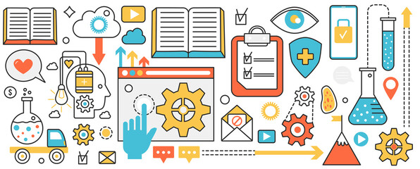 Modern scientific research methods. Abstract digital data analysis, model development and algorithm learning, laboratory equipment and tubes in infographic concept banner, thin line art design