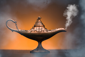 Wish lamp, the lamp from which the genie emerges - obrazy, fototapety, plakaty
