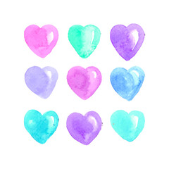 Abstract watercolor hearts. Blue, pink and purple colored stains. Vector illustration