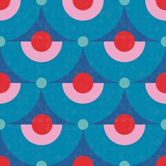 Mid-century modern retro blue, pink, and red flowers