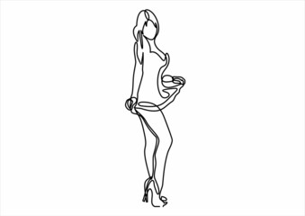 graphic with beautiful young girl model for design. Fashion, style, youth, beauty. Sexy woman-continuous line drawing 
