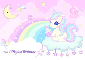 Cute unicorn Birthday party  invitation card design. Vector illustration of Magical Birthday for kids.