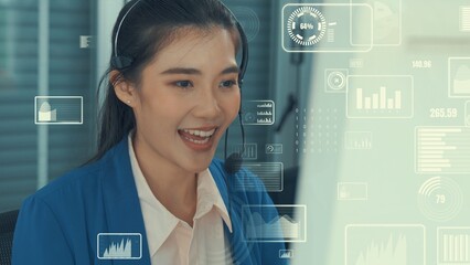 Customer support call center provide data with envisional graphic . Business and communication technology concept .