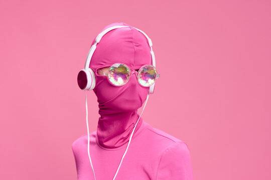 Creative Crazy Pink Photo On A Pink Background With Pink Clothes And Accessories, Cyberpunk Concept And Conceptual Art Photography