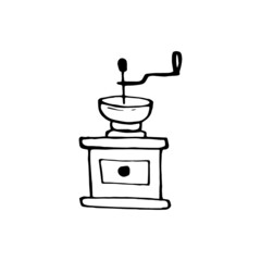Hand drawn coffee grinder doodle. Black on white. Vector illustration