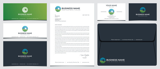 Hills and sun logo with stationery, business card and social media banner designs