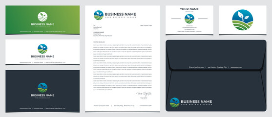 Hills and plant logo with stationery, business card and social media banner designs