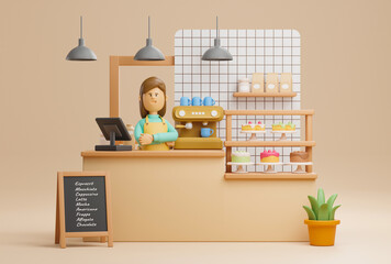 Successful owner small business cakes and coffee shop cafe young woman happy smiling wearing apron standing in bar counter open sign board. 3d rendering.