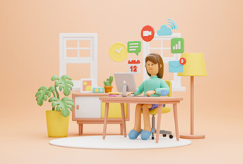 Work from home office quarantine. Freelancer character working business from home using remotely laptop computer video call online webcam conference meeting creative group. 3d rendering.