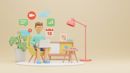 Work from home office quarantine. Freelancer character working business from home using remotely laptop computer video call online webcam conference meeting creative group. 3d rendering.