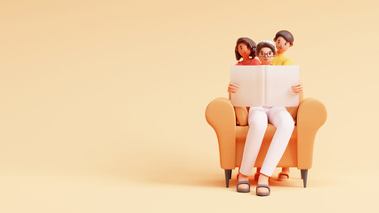 3D Young Man Reading Book Or Newspaper At Sofa With His Son, Daughter And Copy Space On Peach Background.