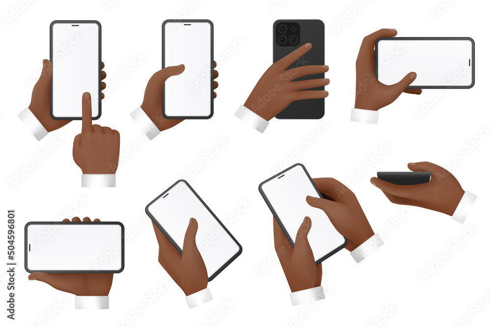 Poster 3d hands of businessman use mobile phone with empty blank screen set vector illustration. Arms of man hold smartphones, click and show presentation on display of modern gadget isolated on white