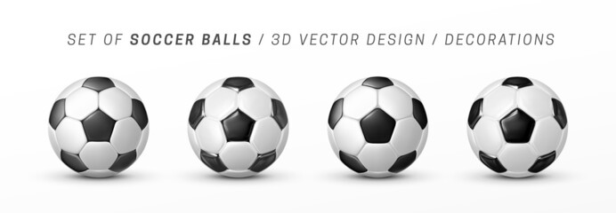 Soccer ball isolated on a white background. Set of balls of different volume and gloss. Classic soccer ball made of black pentagons and white hexagons. Sports equipment. Vector