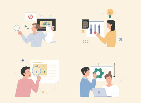 People are working while viewing online pages and icons. flat design style vector illustration.